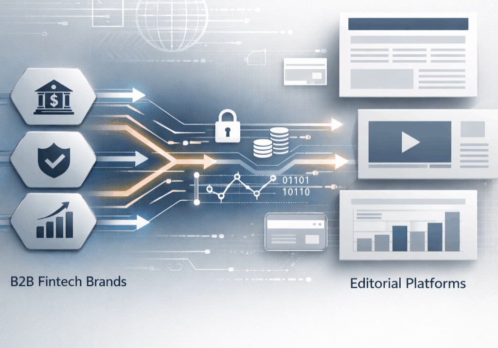 Conceptual illustration showing B2B fintech brands earning credibility through coverage in trusted financial services media outlets | 1903 PR