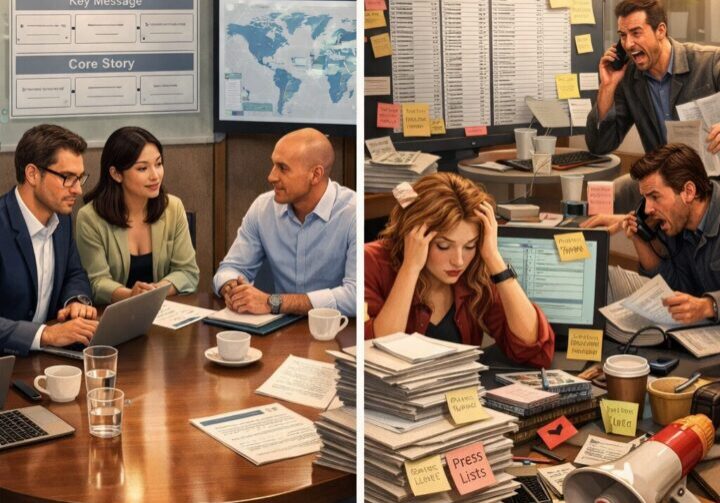 Illustration contrasting a strategic PR agency using narrative planning with a busy agency using mass pitching and disorganized tactics.