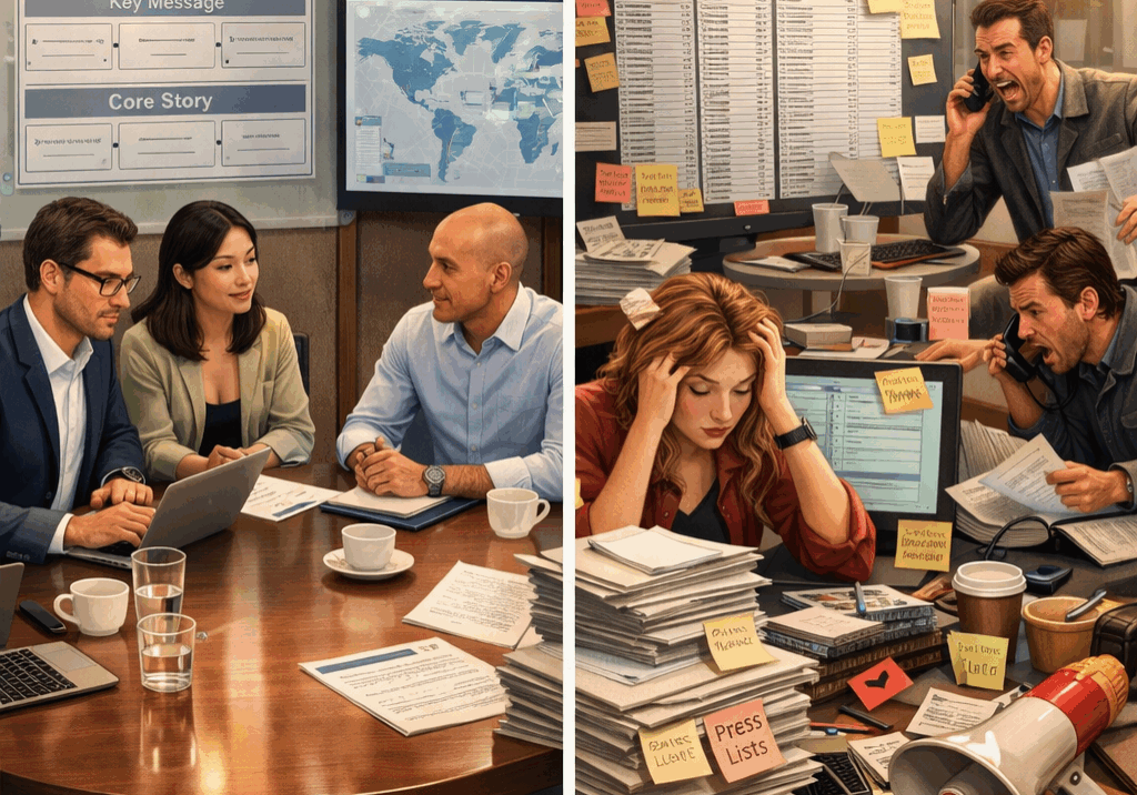 Illustration contrasting a strategic PR agency using narrative planning with a busy agency using mass pitching and disorganized tactics.