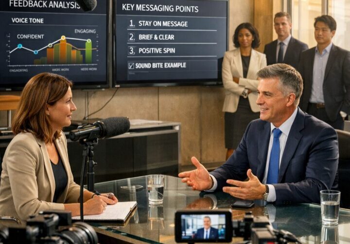 “Illustration of an executive practicing media interviews with a communications coach, surrounded by cameras, sound equipment, and messaging frameworks.”