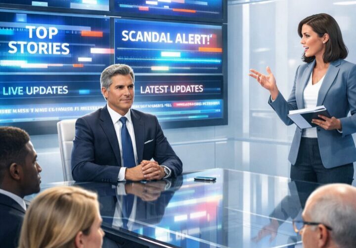 Illustration of an executive practicing media responses while screens show clipped soundbites representing modern media pressures