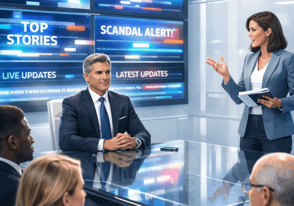 Illustration of an executive practicing media responses while screens show clipped soundbites representing modern media pressures