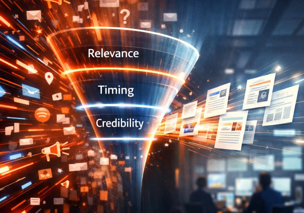 Conceptual illustration showing how journalists quickly evaluate PR pitches based on relevance, credibility, and usability under newsroom deadlines | 1903 PR