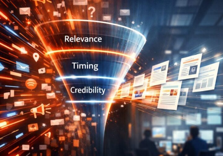 Conceptual illustration showing how journalists quickly evaluate PR pitches based on relevance, credibility, and usability under newsroom deadlines | 1903 PR