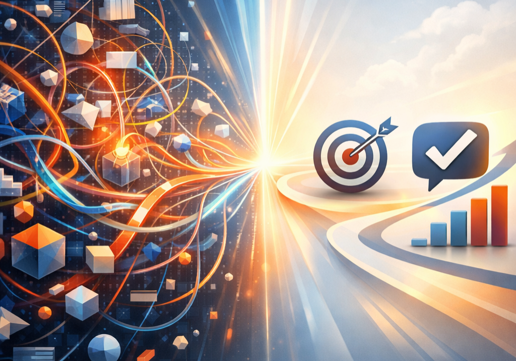 Conceptual illustration showing complex products becoming clear through strong messaging and narrative clarity rather than technical explanation | 1903 PR