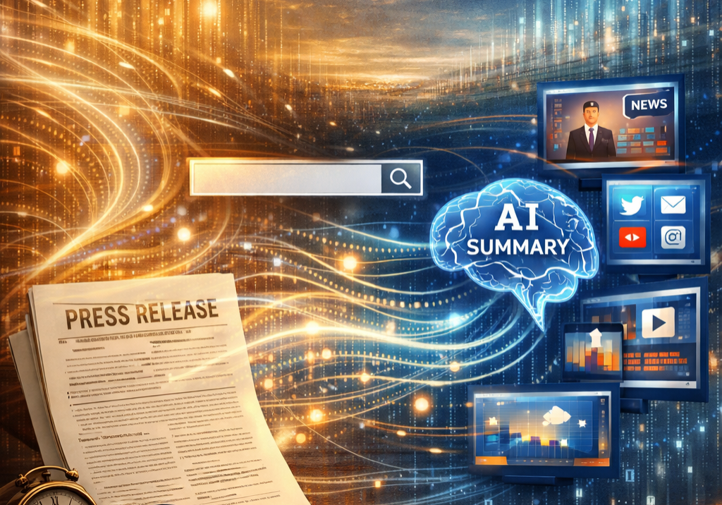 Conceptual illustration showing modern press releases evolving into digital signals that support SEO, media coverage, and brand credibility | 1903 PR