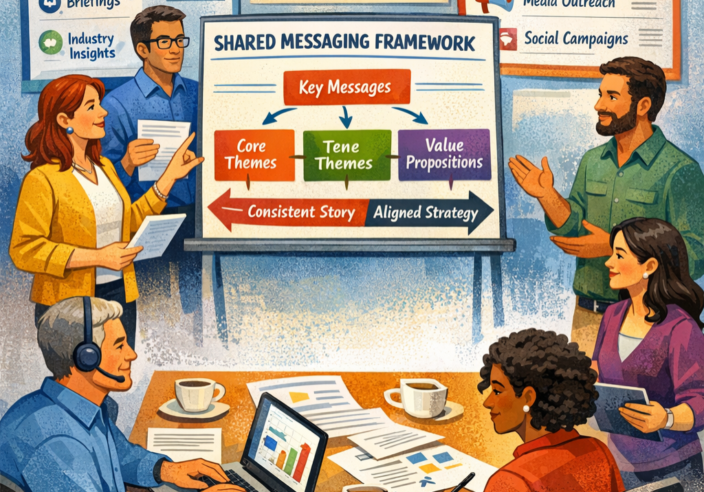 Conceptual illustration representing analyst relations and PR alignment, showing unified messaging strategy that strengthens industry credibility and media influence | 1903 PR