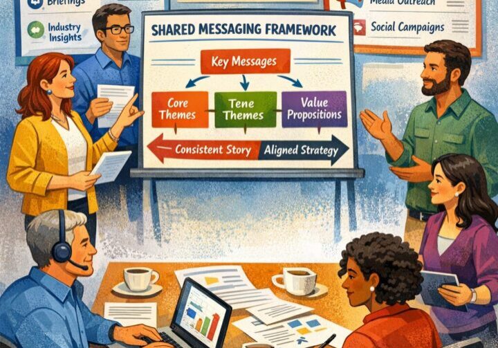 Conceptual illustration representing analyst relations and PR alignment, showing unified messaging strategy that strengthens industry credibility and media influence | 1903 PR
