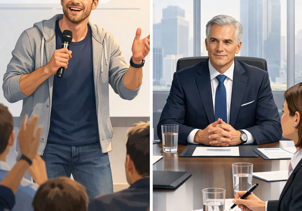 Strategic communications concept showing transition from founder energy to CEO authority in media positioning | 1903 PR