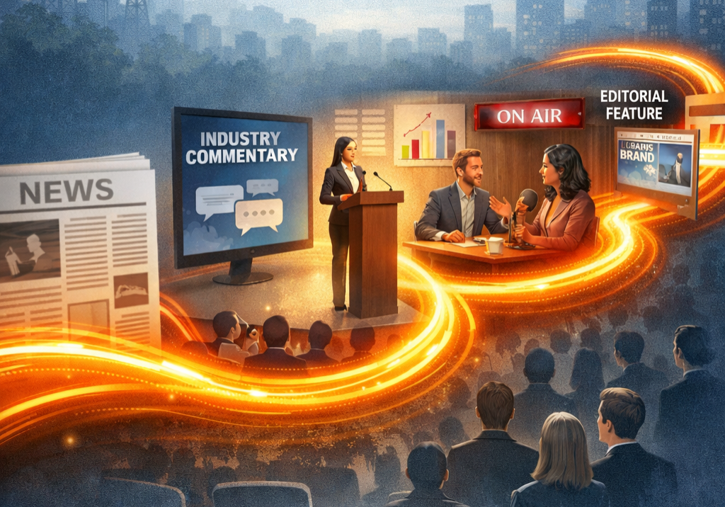 Conceptual illustration showing ongoing PR visibility through thought leadership, speaking, and media commentary between company announcements