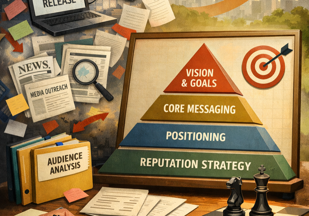 Conceptual illustration showing the evolution of PR agencies from tactical media outreach to strategic communications advisors