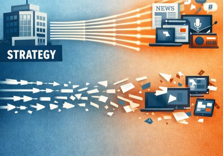 Conceptual illustration showing how go-to-market strategy creates consistent earned media coverage patterns