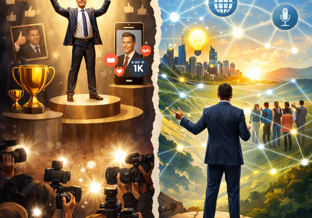 Conceptual illustration showing the difference between executive visibility and self-promotion in leadership communications