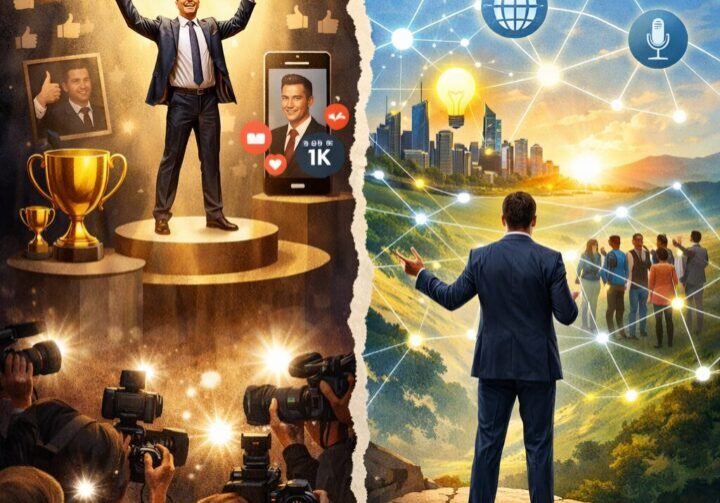 Conceptual illustration showing the difference between executive visibility and self-promotion in leadership communications