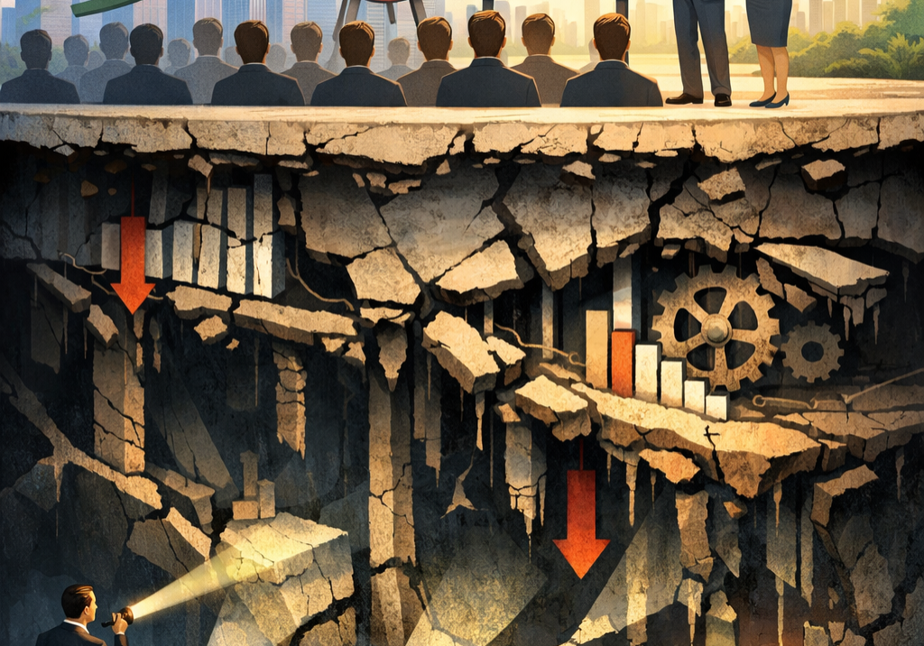 Conceptual illustration showing hidden narrative gaps investors identify beneath public company messaging