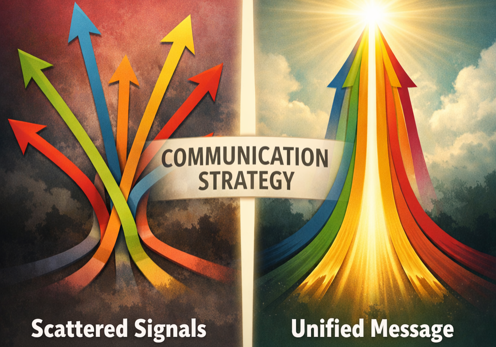 Conceptual illustration showing leadership communication alignment through a unified messaging strategy