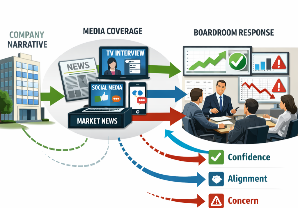 Conceptual illustration showing how earned media influences boardroom confidence and executive perception