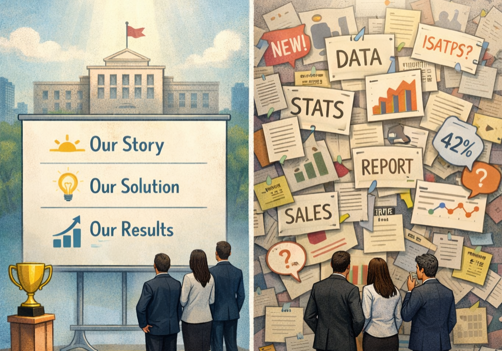 Conceptual illustration showing how strong storytelling helps companies win industry awards over competitors with similar performance