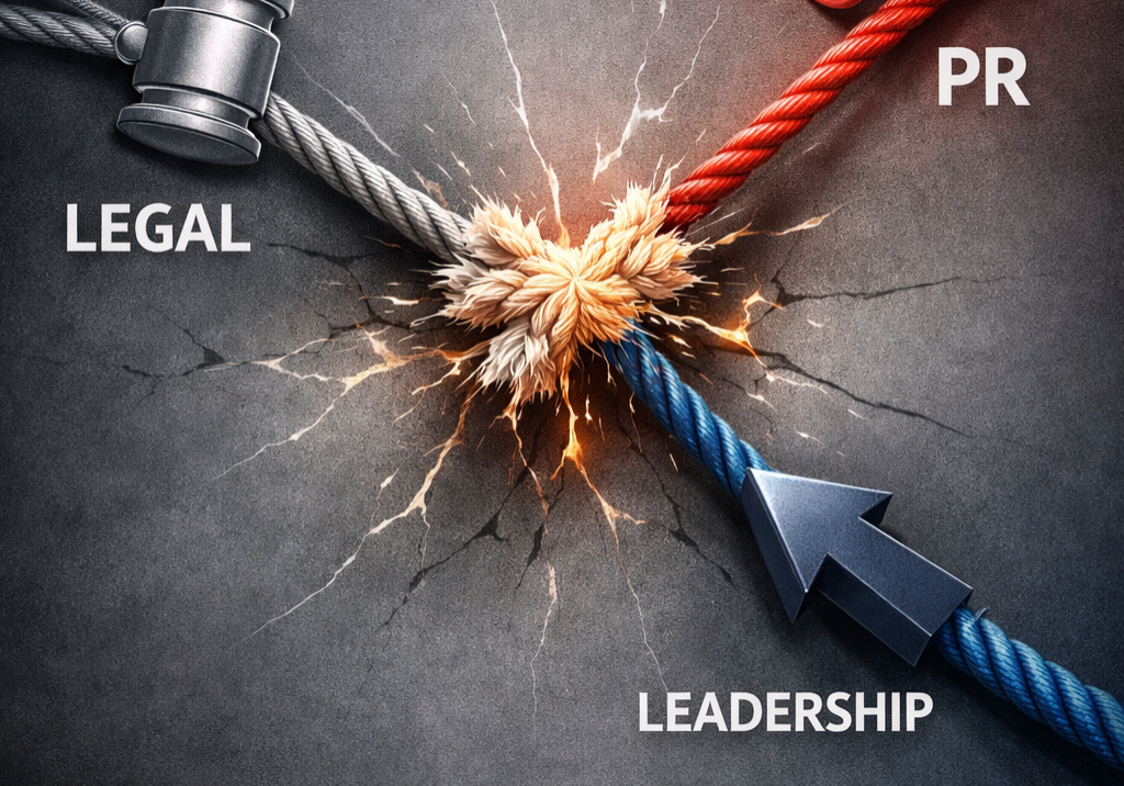 Conceptual illustration showing tension between legal, PR, and leadership messaging creating communication conflict