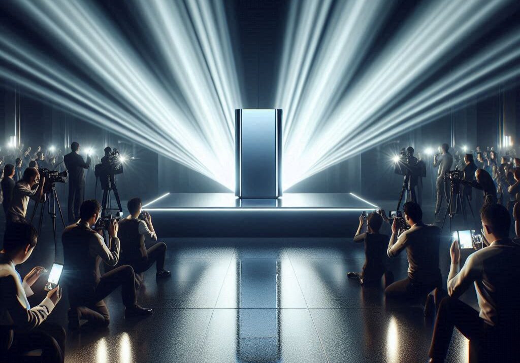 Futuristic product launch event with dramatic lighting, journalists, and photographers capturing the unveiling on stage.