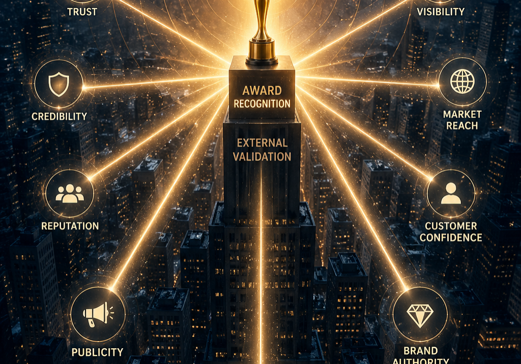 Conceptual illustration of awards acting as a signal of credibility and brand authority in PR strategy