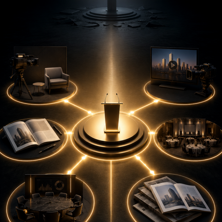 Executive speaking program strategy illustrated through conference presentations connected to thought leadership, media relations, analyst engagement, and integrated communications that build lasting executive authority | 1903 PR
