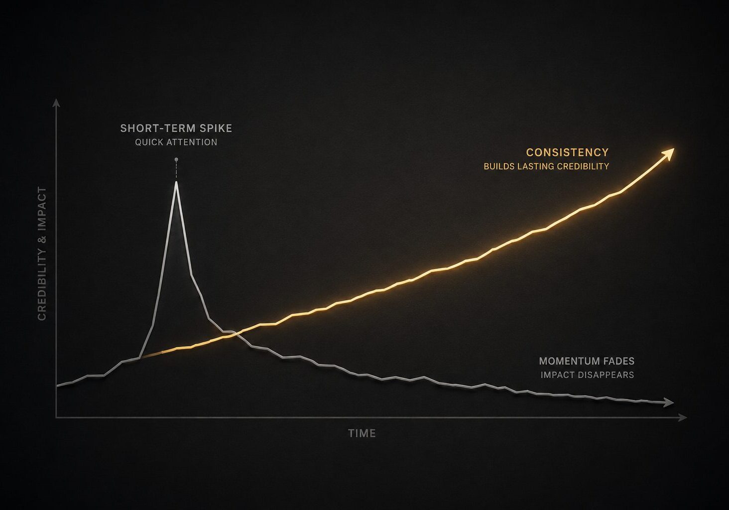 Conceptual image showing why consistent media strategy builds credibility over time compared to short-term momentum