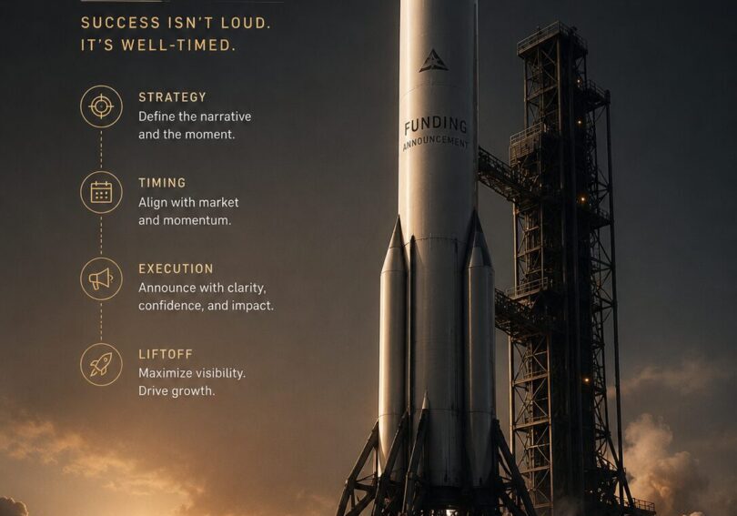 Conceptual image of startup funding announcement as a rocket launch representing growth and momentum