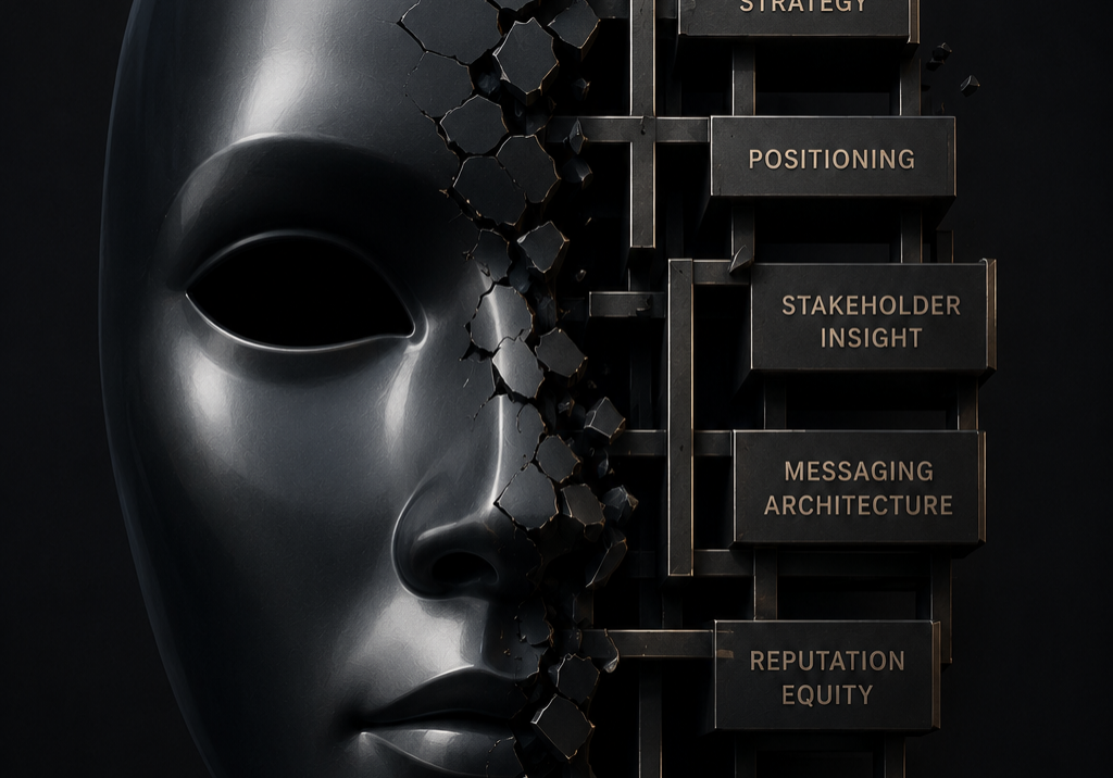 Conceptual image showing contrast between superficial PR promises and real strategic communications foundation