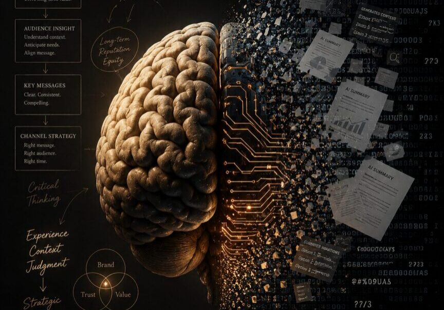 Conceptual editorial illustration showing human strategic thinking being gradually replaced by artificial intelligence automation, symbolizing the risks of overreliance on AI in enterprise leadership, marketing, and communications.
