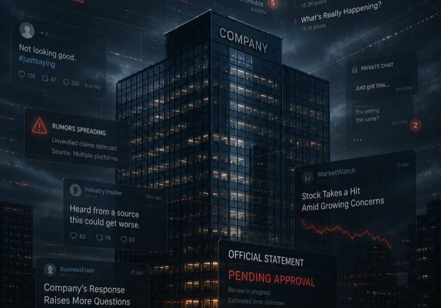Fragmented digital media channels accelerating corporate crisis narratives across social platforms, private messaging networks, and online commentary during a modern reputation management event | 1903 PR