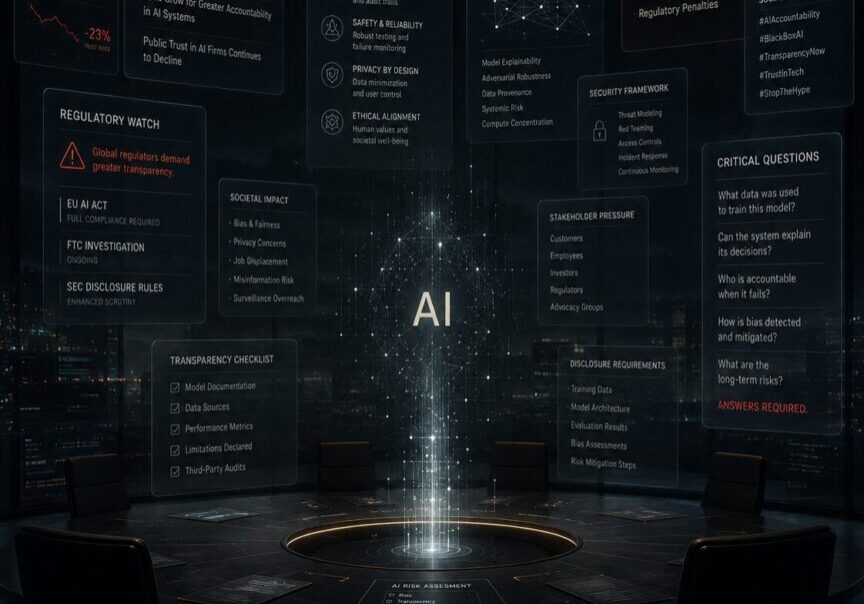 Artificial intelligence governance, media scrutiny, and executive accountability visualized through floating regulatory frameworks and digital oversight systems surrounding enterprise AI technology | 1903 PR