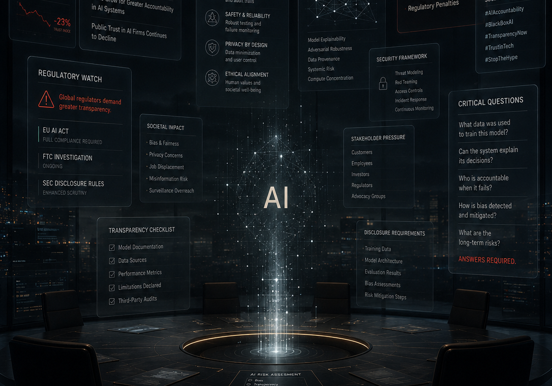 Artificial intelligence governance, media scrutiny, and executive accountability visualized through floating regulatory frameworks and digital oversight systems surrounding enterprise AI technology | 1903 PR