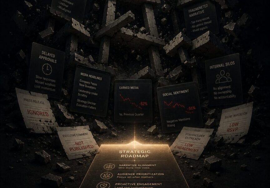 “Strategic communications breakdown visualized through fragmented messaging, delayed approvals, and disconnected media outreach impacting public relations performance and narrative alignment | 1903 PR”