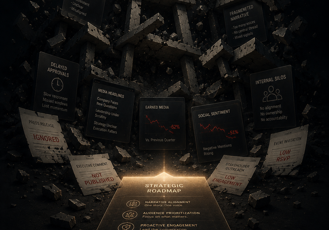 “Strategic communications breakdown visualized through fragmented messaging, delayed approvals, and disconnected media outreach impacting public relations performance and narrative alignment | 1903 PR”