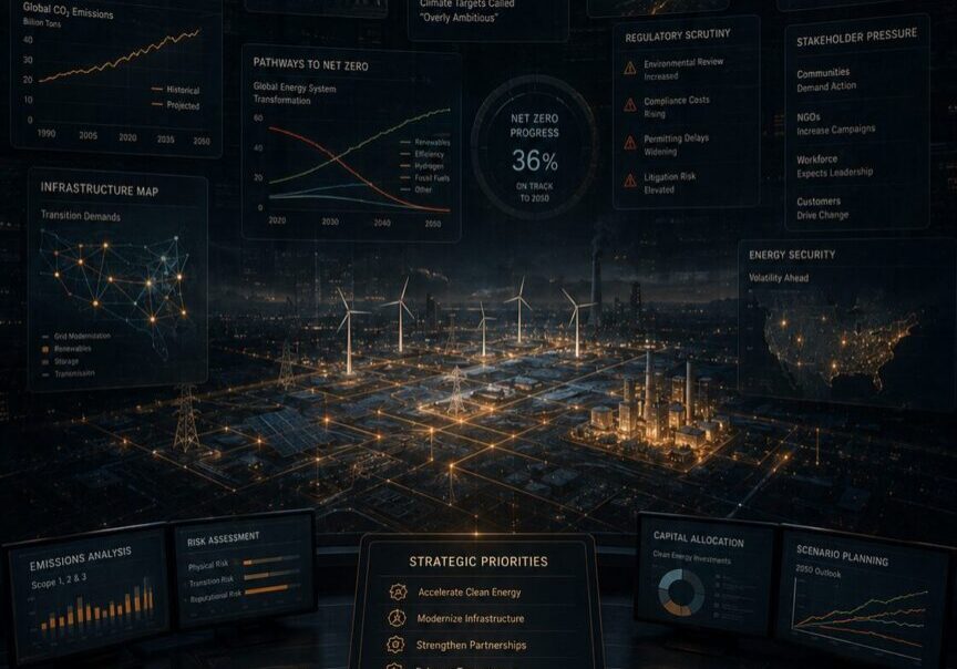 Energy and climate communications strategy visualized through policy documents, renewable infrastructure systems, emissions data, and media scrutiny surrounding corporate sustainability narratives | 1903 PR