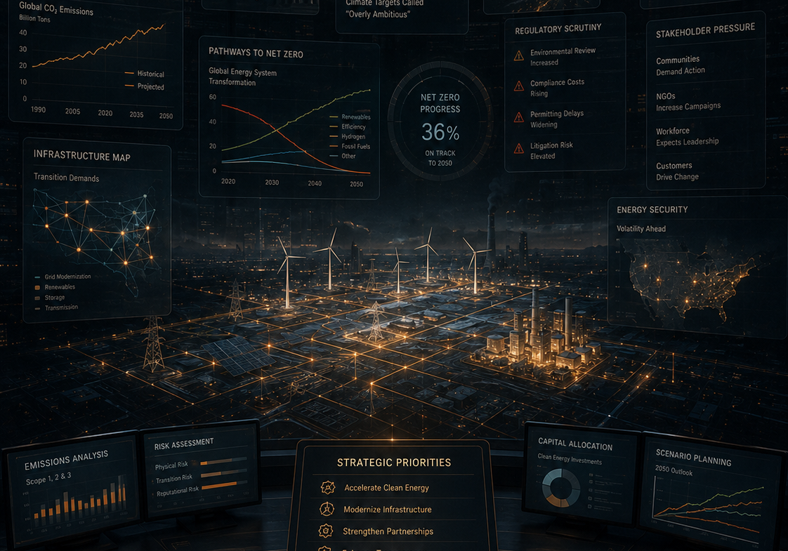 Energy and climate communications strategy visualized through policy documents, renewable infrastructure systems, emissions data, and media scrutiny surrounding corporate sustainability narratives | 1903 PR