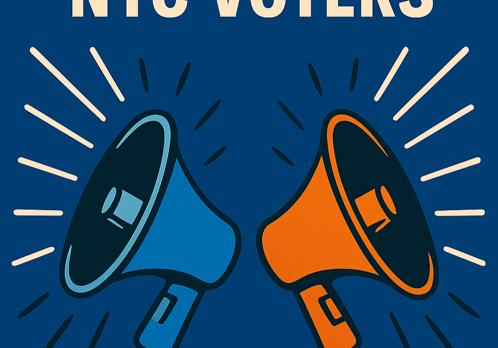 Flat illustration of two megaphones, one blue and one orange, on a dark blue background with the headline ‘What Moved NYC Voters’ above them, symbolizing contrasting messages and audience influence in New York’s recent election.