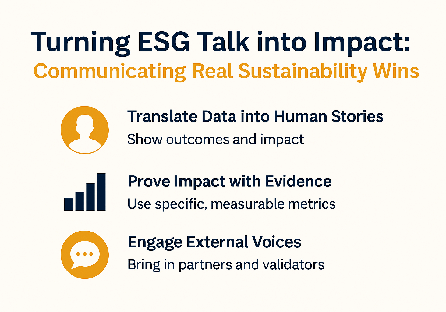“Infographic titled ‘Turning ESG Talk into Impact’ using 1903 PR brand colors. Four connected icons represent data with meaning (bar chart), authentic storytelling (speech bubble), proof and accountability (checkmark), and multi-channel communication (megaphone) in a clean, professional layout symbolizing sustainability strategy and trust.”