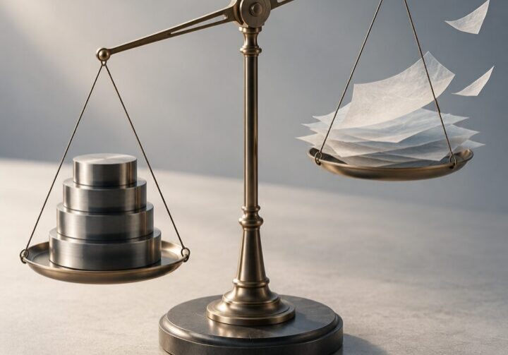 Conceptual editorial artwork of a balance scale contrasting stable metal discs with drifting paper, symbolizing declining investor confidence despite strong financial performance | 1903 PR