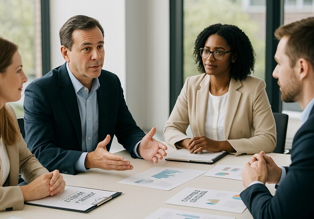 A group of executives and PR professionals collaborate in a bright, modern office, seated around a table with campaign plans and strategy documents, reflecting trust, transparency, and effective communication | 1903 PR