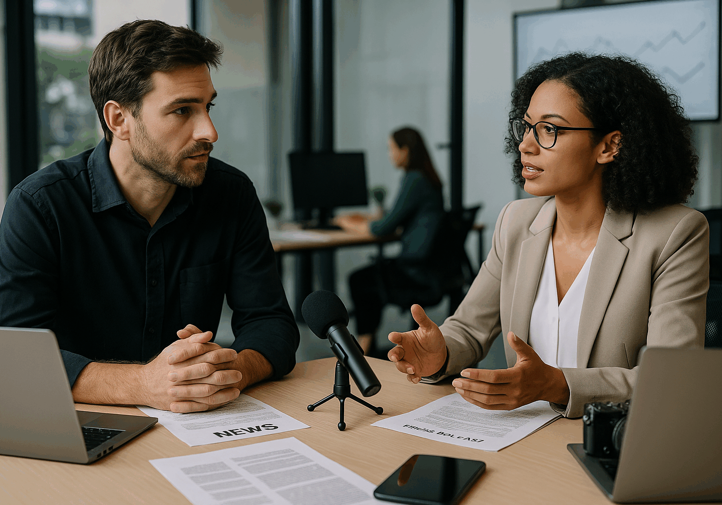 A journalist and PR professional collaborate in a modern office, seated across a desk with laptops, documents, and a microphone between them, discussing news strategy and storytelling | 1903 PR