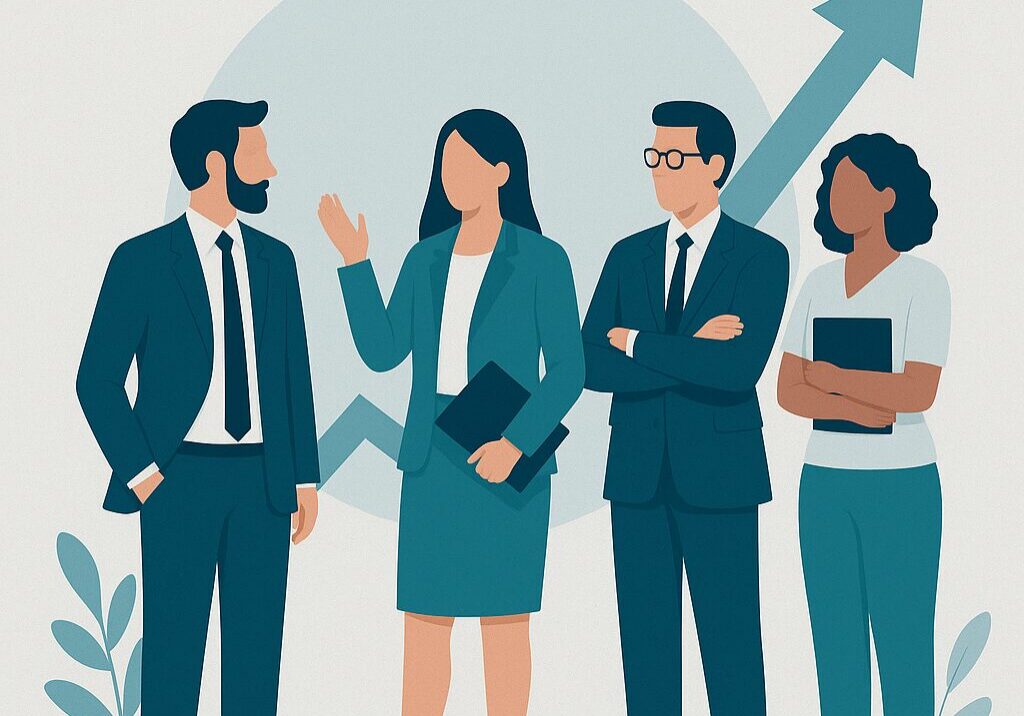 A modern flat-style illustration of four business professionals—two men and two women—collaborating in front of an upward arrow symbolizing growth. They are dressed in teal and navy attire, reflecting teamwork, strategy, and PR-driven business success | 1903 PR.