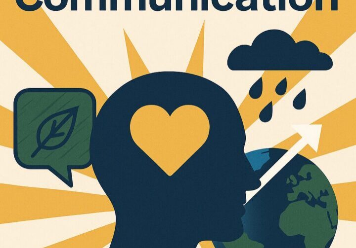 Dynamic digital illustration titled ‘Rethinking Climate Communication’ featuring a navy-blue silhouette with a golden heart, Earth globe, rain cloud, and green leaf speech bubble. Designed in 1903 PR’s brand colors to symbolize empathy, connection, and the fusion of emotion and sustainability.