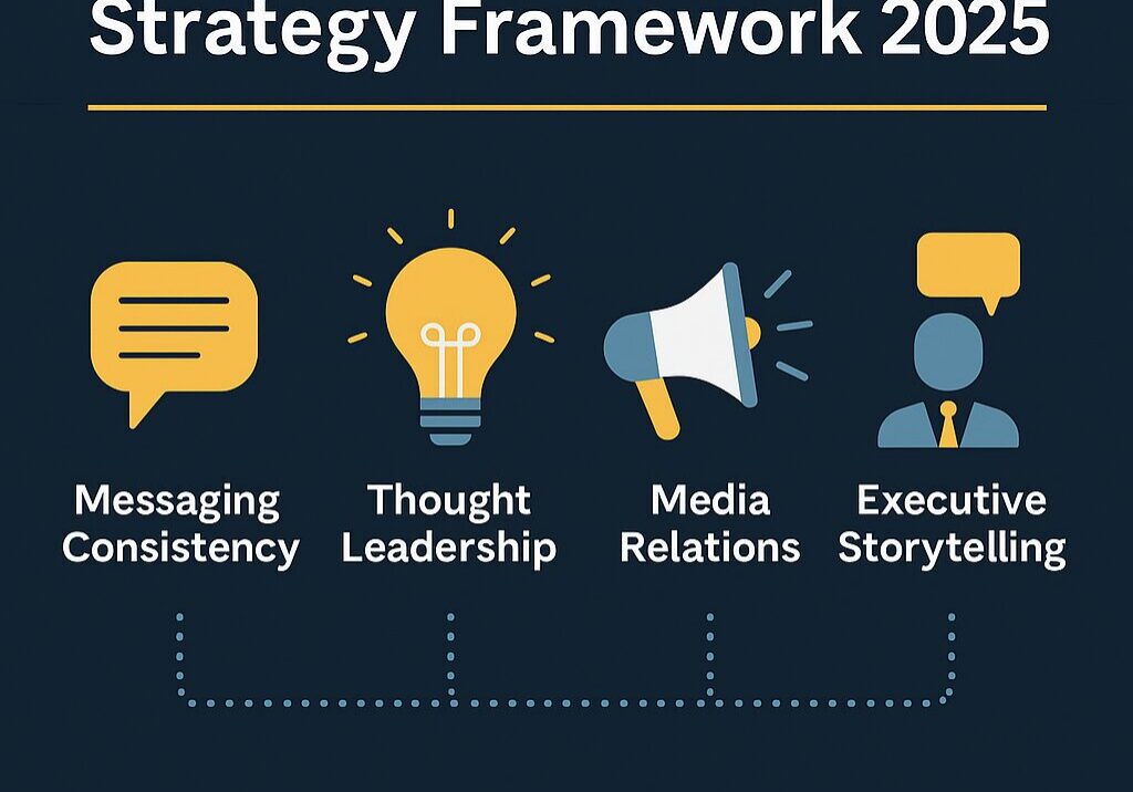 nfographic titled ‘Tech Brand Narrative Strategy Framework 2025’ on a dark navy background, featuring four pillars with icons: messaging consistency (speech bubble), thought leadership (lightbulb), media relations (megaphone), and executive storytelling (person with speech bubble), connected by dotted lines in a clean layout.