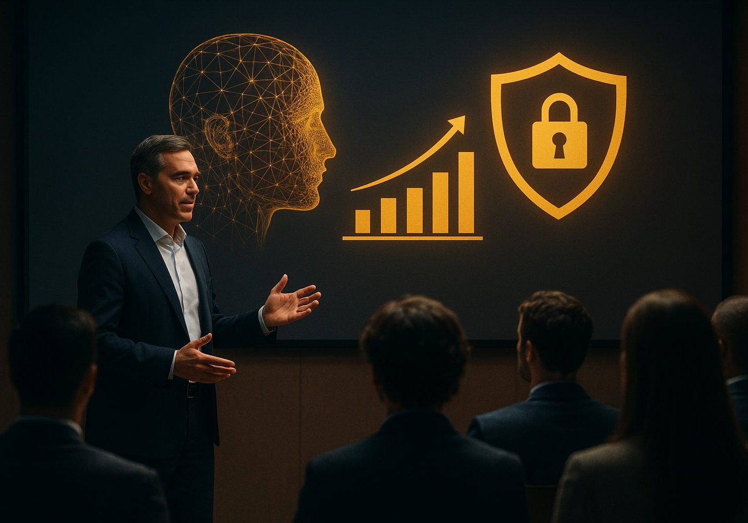 Executive on stage delivering a keynote on AI & cybersecurity thought leadership, flanked by data visualizations and lines charting narrative themes