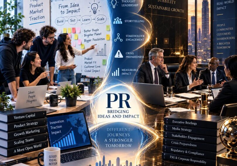 Startup team collaborating in an innovative workspace contrasted with enterprise executives in a corporate boardroom, illustrating the differences between startup PR and enterprise PR strategies. | 1903 PR