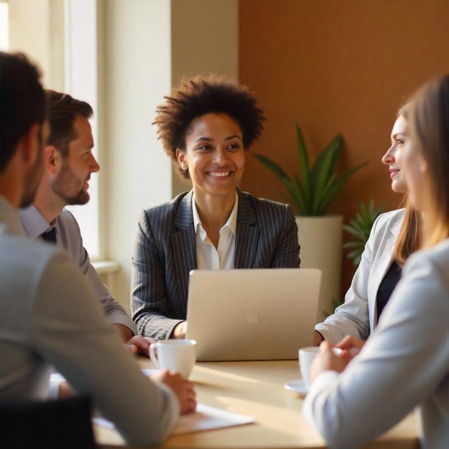 Diverse business team collaborating in a warm, modern office setting during a merger and acquisition strategy meeting—focused on clear communication and internal messaging, supported by 1903 PR. Diverse business team collaborating in a warm, modern office setting during a merger and acquisition strategy meeting—focused on clear communication and internal messaging, supported by 1903 PR.