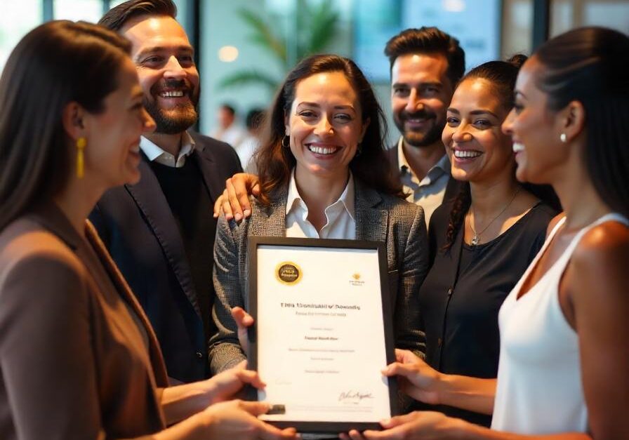 Diverse business team celebrating an industry award in a modern office, highlighting third-party recognition, team success, and brand credibility.