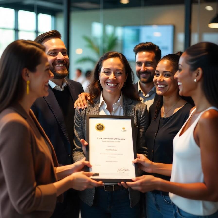 Diverse business team celebrating an industry award in a modern office, highlighting third-party recognition, team success, and brand credibility.